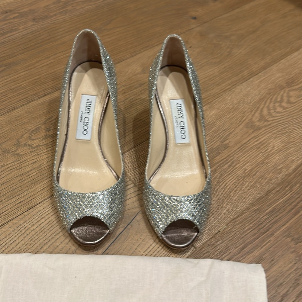 Jimmy Choo Silver Metallic Peep Toe Pumps | 36.5